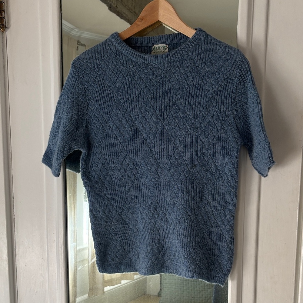 Vintage Majestic 60s Wool Knit Short Sleeve Sweater Diamond Pattern
